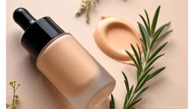 Botol foundation organik dengan tekstur licin, berlatarbelakangkan herba.