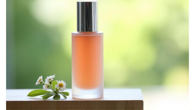 Botol tinted moisturizer organik dengan SPF, latar belakang botani.