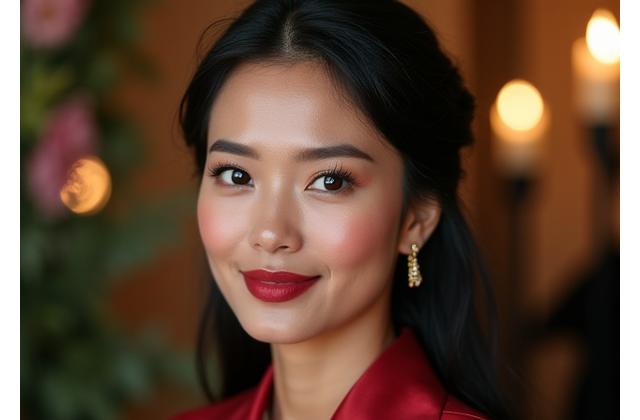 Seorang wanita di acara formal dengan solekan professional yang menonjol.