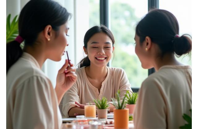 Sekumpulan wanita belajar teknik solekan di bengkel.